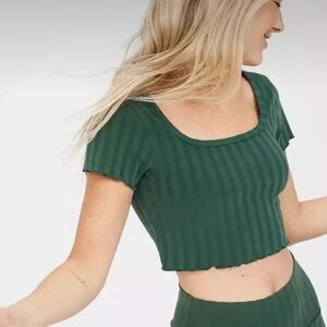 Aerie Offline Green Ribbed Short Sleeve Crop Tee